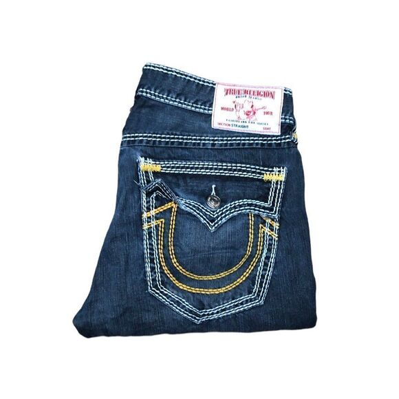 Rare True Religion Jeans Size 34 STRAIGHT YELLOW STITCH Blue - Picture 10 of 13